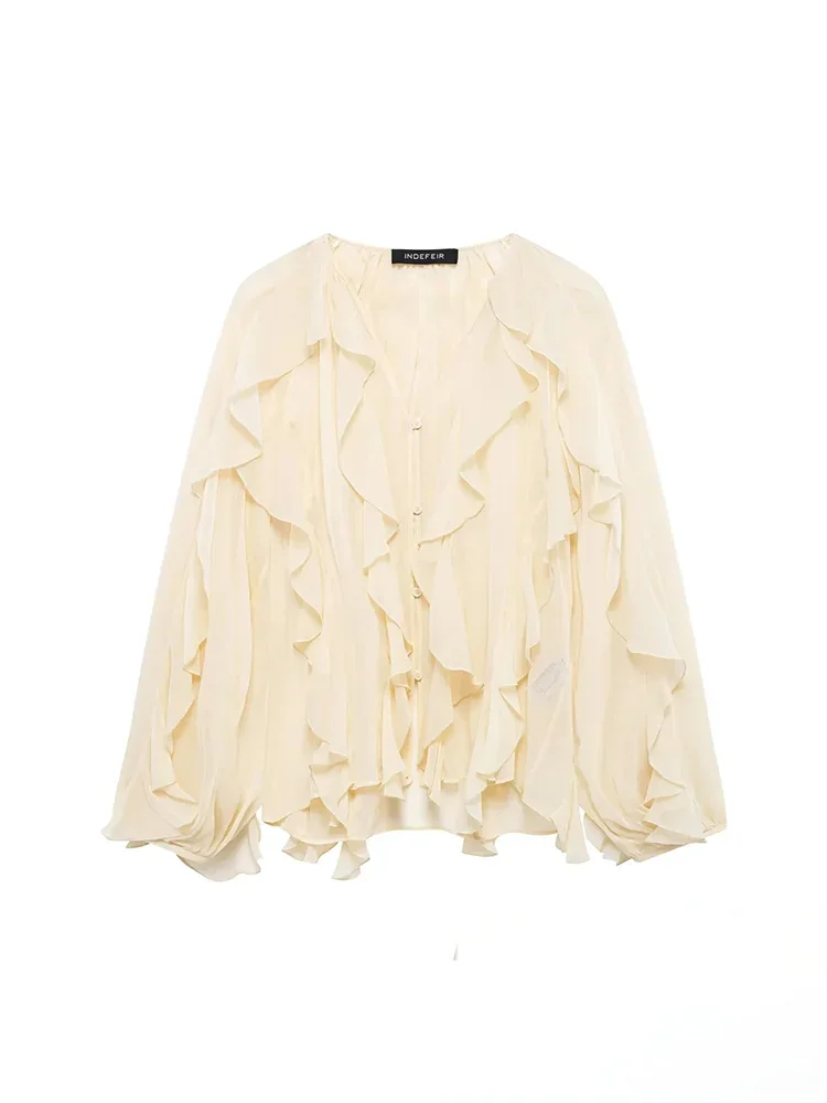 KONDALA Burgundy Mesh Ruffles Shirts For Women Elegant Long Sleeve See Through Loose Tops 2025 New Female High Street Partywear