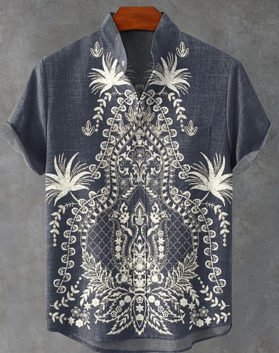 New Linen Men's Summer Ancient Tribal Totem Print Linen Short Sleeve Shirt Comfortable Casual Button Top Suitable for Street Wea