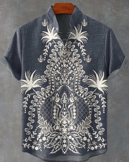 New Linen Men's Summer Ancient Tribal Totem Print Linen Short Sleeve Shirt Comfortable Casual Button Top Suitable for Street Wea