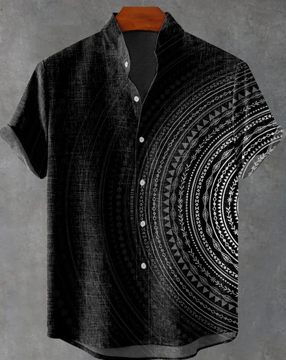 New Linen Men's Summer Ancient Tribal Totem Print Linen Short Sleeve Shirt Comfortable Casual Button Top Suitable for Street Wea