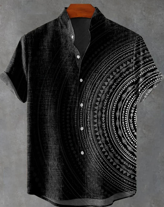 New Linen Men's Summer Ancient Tribal Totem Print Linen Short Sleeve Shirt Comfortable Casual Button Top Suitable for Street Wea