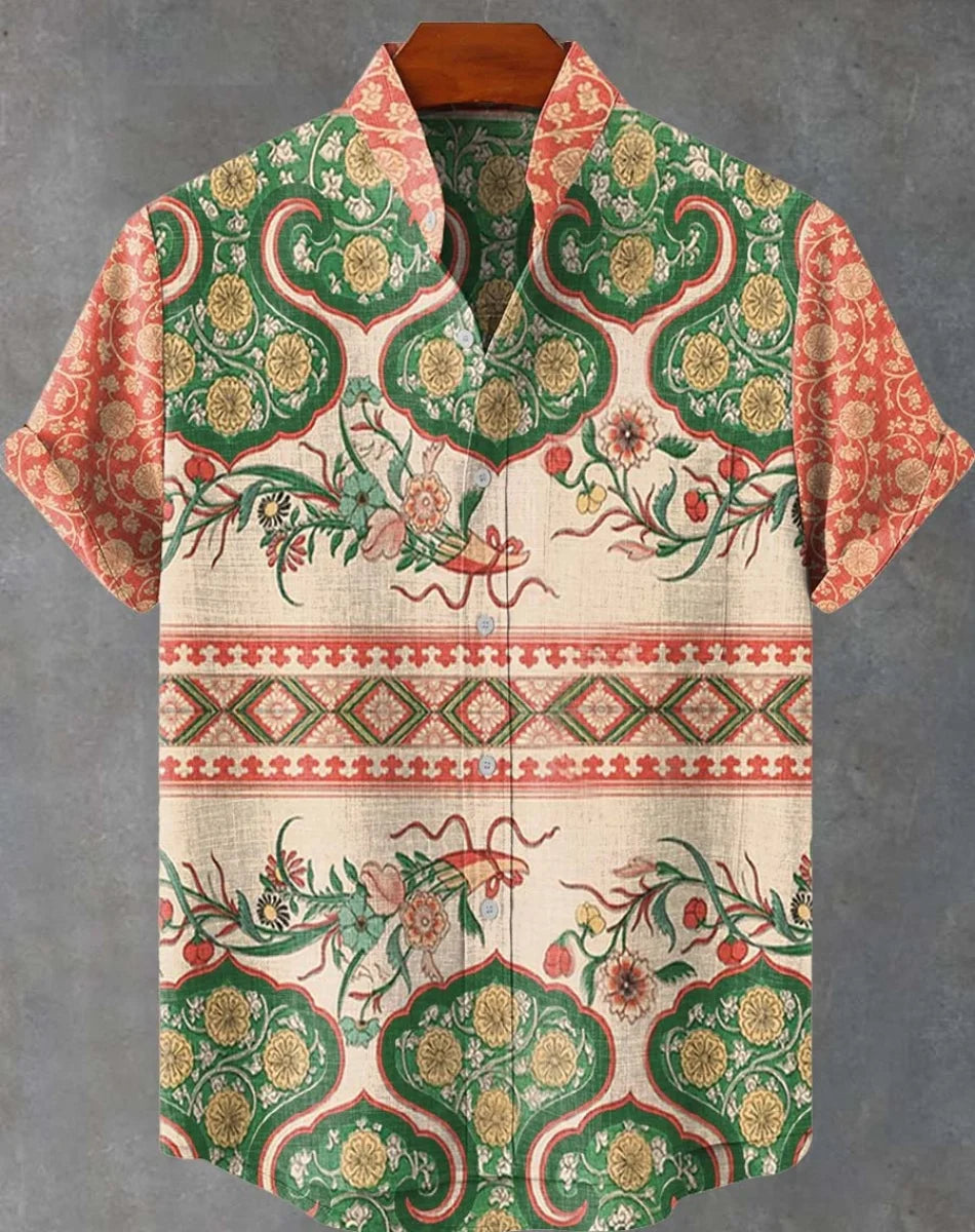 New Linen Men's Summer Ancient Tribal Totem Print Linen Short Sleeve Shirt Comfortable Casual Button Top Suitable for Street Wea