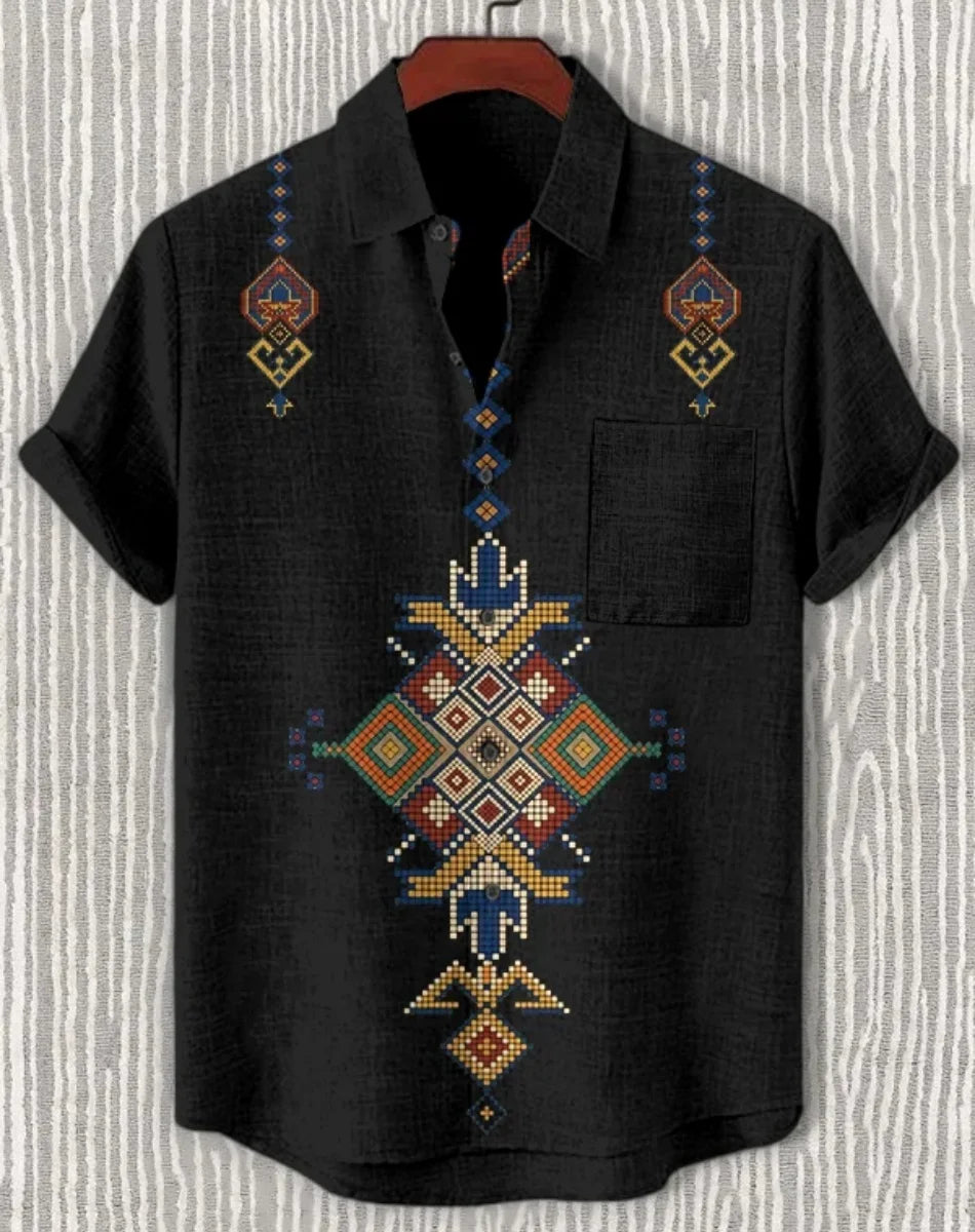 New Linen Men's Summer Ancient Tribal Totem Print Linen Short Sleeve Shirt Comfortable Casual Button Top Suitable for Street Wea
