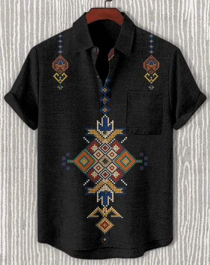 New Linen Men's Summer Ancient Tribal Totem Print Linen Short Sleeve Shirt Comfortable Casual Button Top Suitable for Street Wea