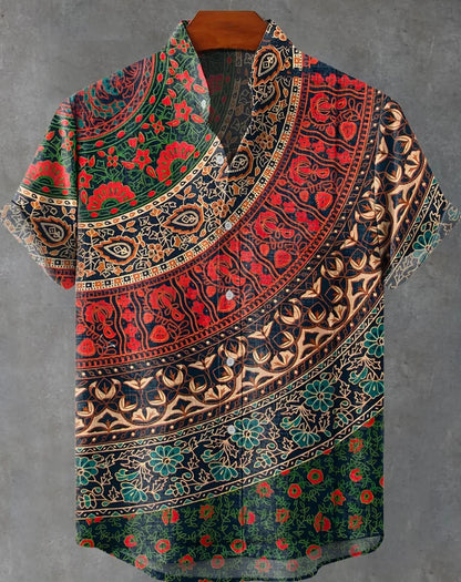 New Linen Men's Summer Ancient Tribal Totem Print Linen Short Sleeve Shirt Comfortable Casual Button Top Suitable for Street Wea