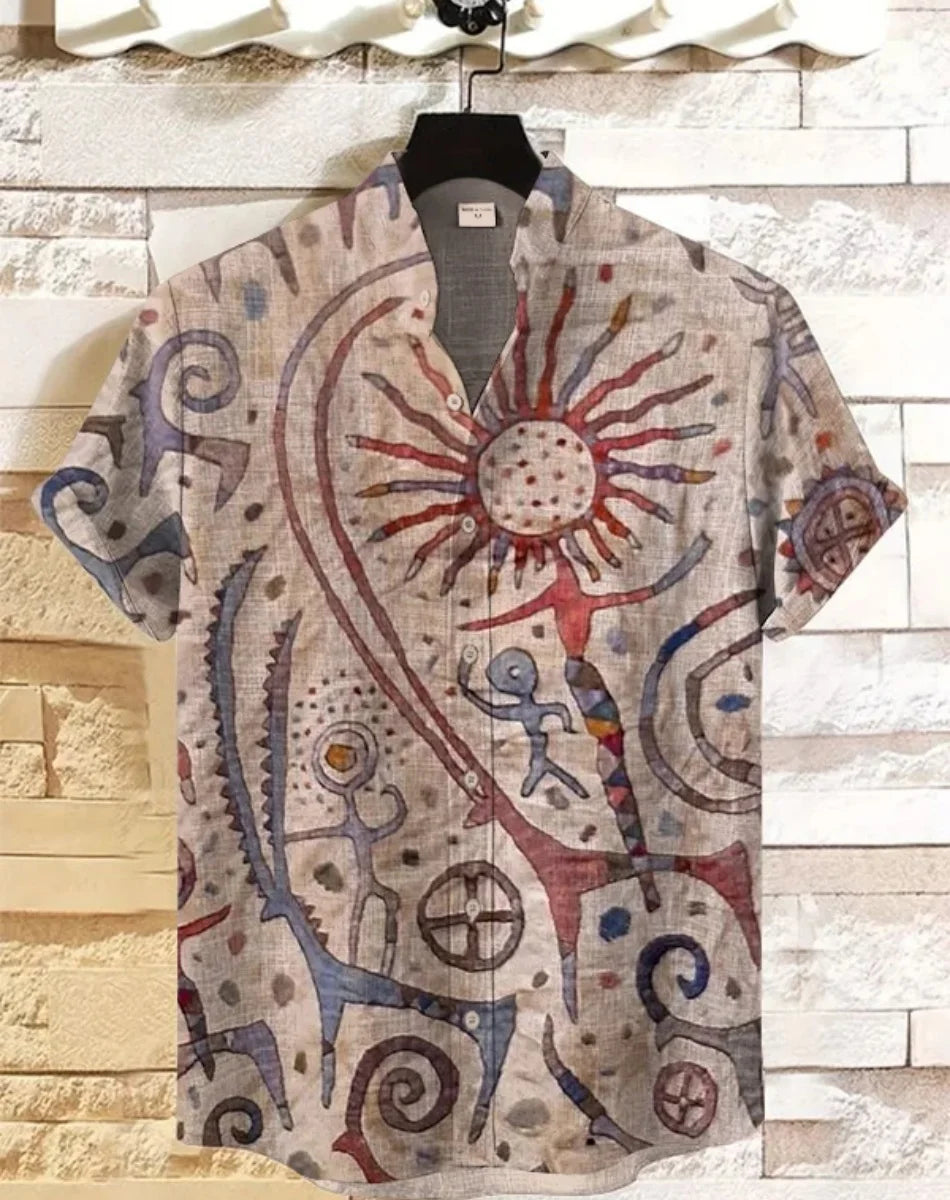 New Linen Men's Summer Ancient Tribal Totem Print Linen Short Sleeve Shirt Comfortable Casual Button Top Suitable for Street Wea