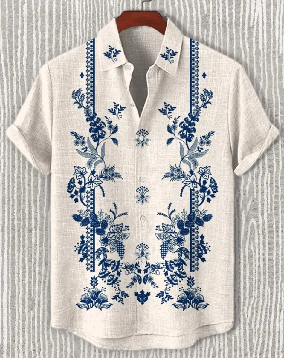 New Linen Men's Summer Ancient Tribal Totem Print Linen Short Sleeve Shirt Comfortable Casual Button Top Suitable for Street Wea