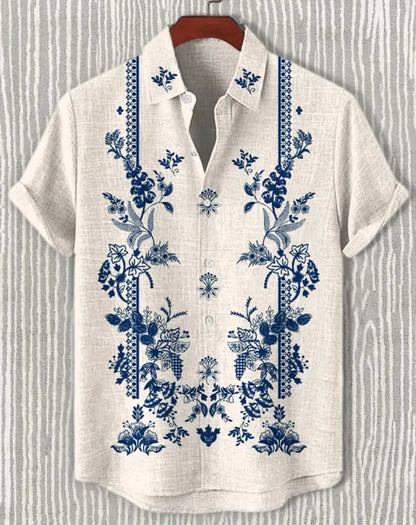 New Linen Men's Summer Ancient Tribal Totem Print Linen Short Sleeve Shirt Comfortable Casual Button Top Suitable for Street Wea