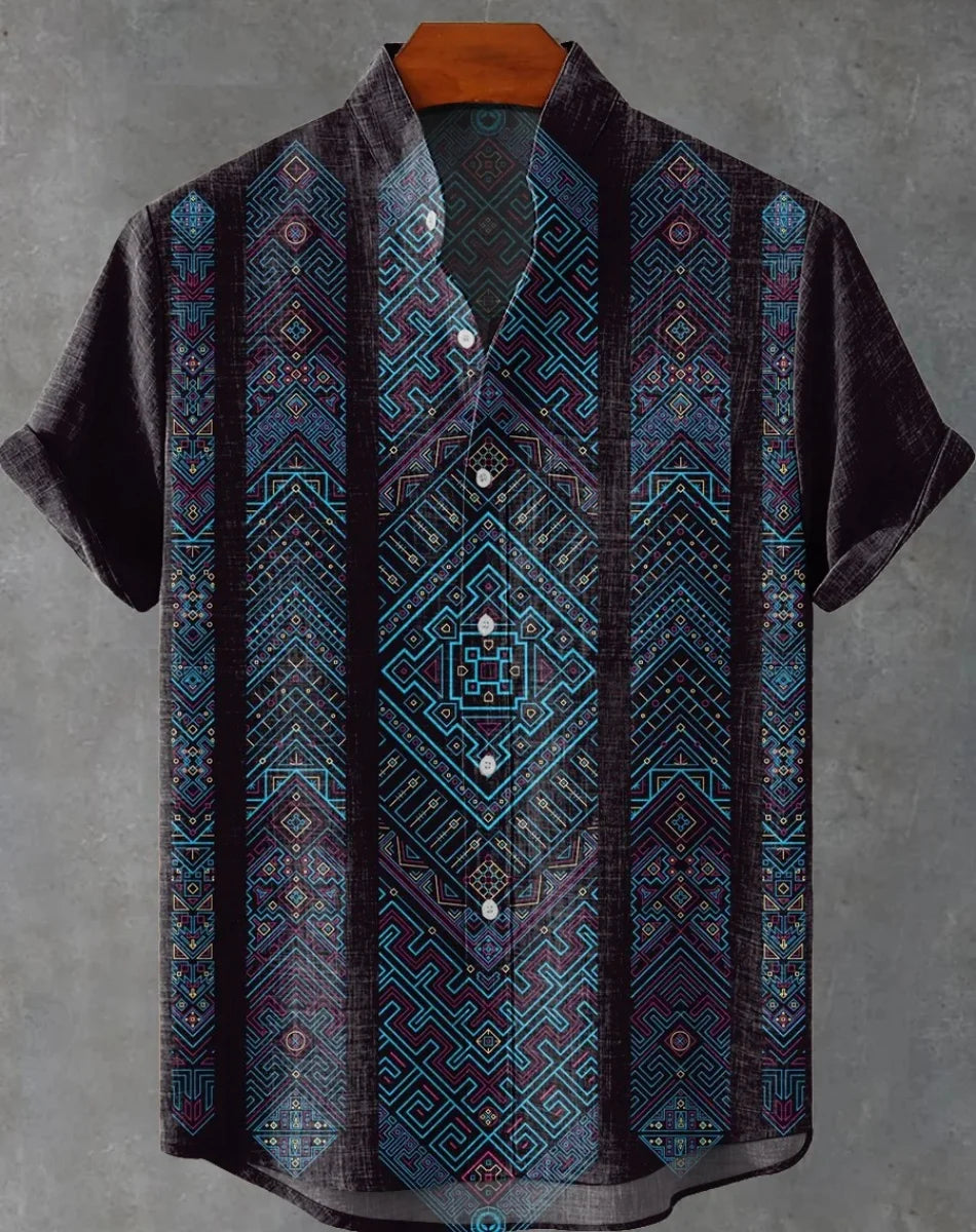 New Linen Men's Summer Ancient Tribal Totem Print Linen Short Sleeve Shirt Comfortable Casual Button Top Suitable for Street Wea