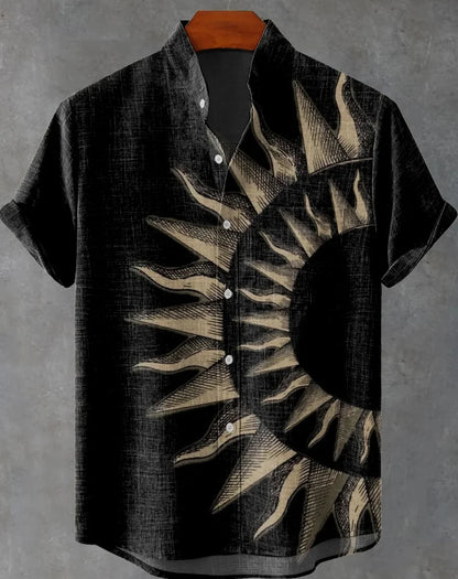 New Linen Men's Summer Ancient Tribal Totem Print Linen Short Sleeve Shirt Comfortable Casual Button Top Suitable for Street Wea