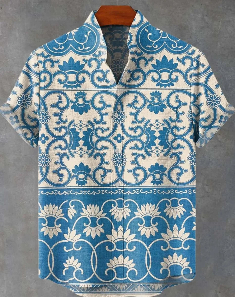 New Linen Men's Summer Ancient Tribal Totem Print Linen Short Sleeve Shirt Comfortable Casual Button Top Suitable for Street Wea