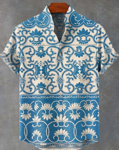 New Linen Men's Summer Ancient Tribal Totem Print Linen Short Sleeve Shirt Comfortable Casual Button Top Suitable for Street Wea