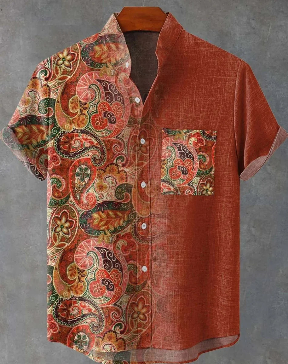 New Linen Men's Summer Ancient Tribal Totem Print Linen Short Sleeve Shirt Comfortable Casual Button Top Suitable for Street Wea