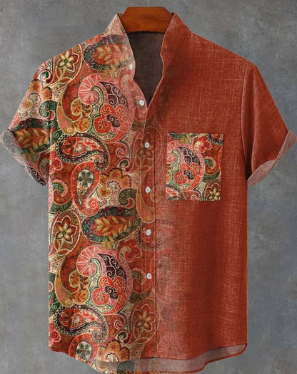New Linen Men's Summer Ancient Tribal Totem Print Linen Short Sleeve Shirt Comfortable Casual Button Top Suitable for Street Wea