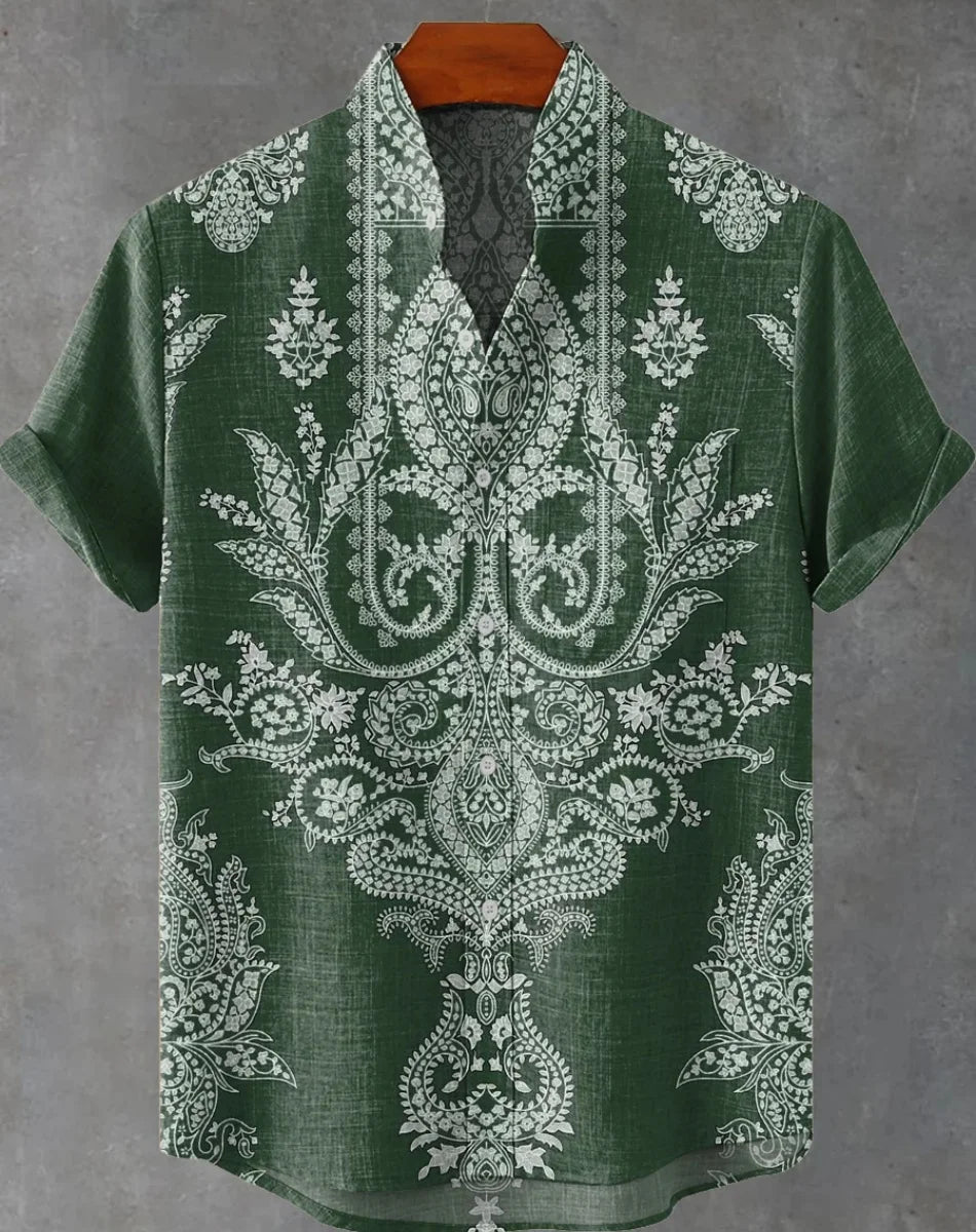 New Linen Men's Summer Ancient Tribal Totem Print Linen Short Sleeve Shirt Comfortable Casual Button Top Suitable for Street Wea