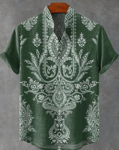 New Linen Men's Summer Ancient Tribal Totem Print Linen Short Sleeve Shirt Comfortable Casual Button Top Suitable for Street Wea