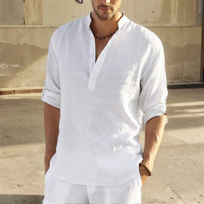 2024 Casual Blouse Loose Cotton Linen Men Shirt  Fashion Stand Collar Pure Long Sleeve Tee Shirt Handsome Fitting Top Clothes