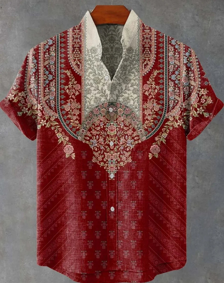New Linen Men's Summer Ancient Tribal Totem Print Linen Short Sleeve Shirt Comfortable Casual Button Top Suitable for Street Wea