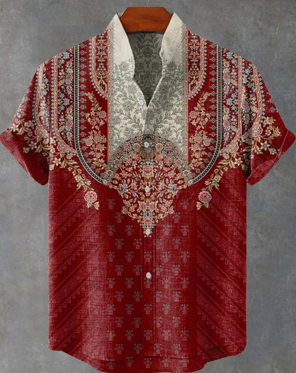 New Linen Men's Summer Ancient Tribal Totem Print Linen Short Sleeve Shirt Comfortable Casual Button Top Suitable for Street Wea