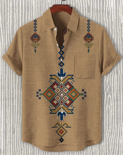 New Linen Men's Summer Ancient Tribal Totem Print Linen Short Sleeve Shirt Comfortable Casual Button Top Suitable for Street Wea