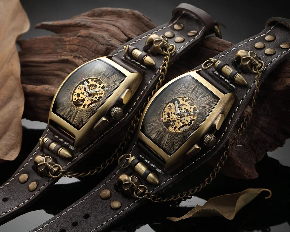 Antique Skeleton Dial Men Automatic Mechanical Watch Vintage Gothic Clock Steampunk Self Winding Watches Brown Rock Reloj Hombre