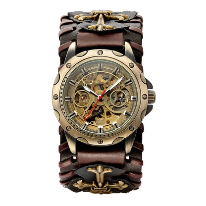 Antique Skeleton Dial Men Automatic Mechanical Watch Vintage Gothic Clock Steampunk Self Winding Watches Brown Rock Reloj Hombre