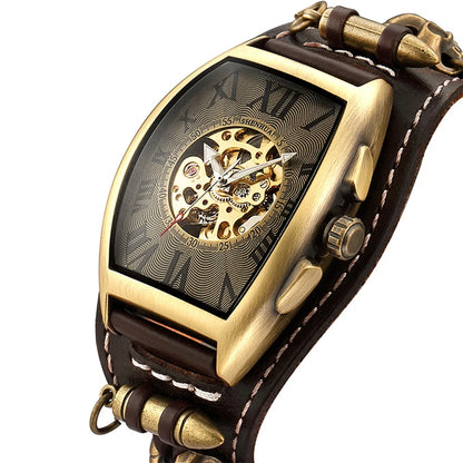 Antique Skeleton Dial Men Automatic Mechanical Watch Vintage Gothic Clock Steampunk Self Winding Watches Brown Rock Reloj Hombre