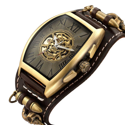 Antique Skeleton Dial Men Automatic Mechanical Watch Vintage Gothic Clock Steampunk Self Winding Watches Brown Rock Reloj Hombre