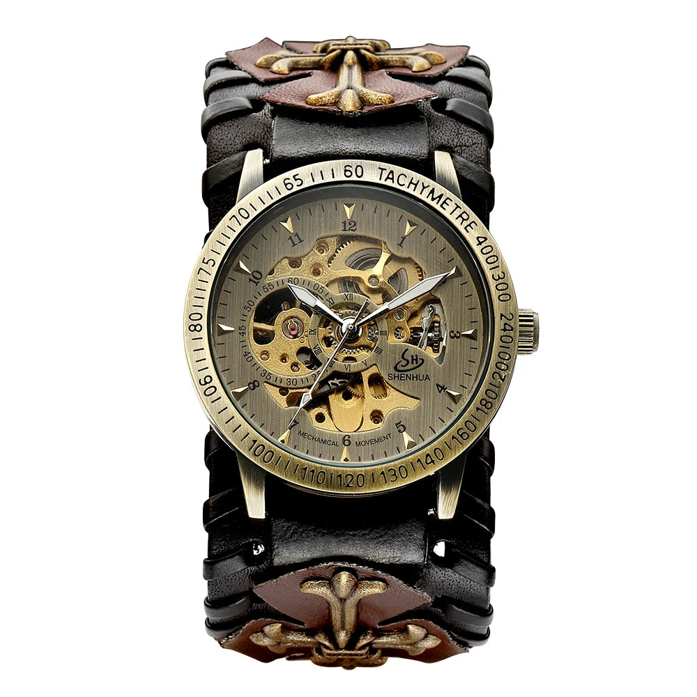 Antique Skeleton Dial Men Automatic Mechanical Watch Vintage Gothic Clock Steampunk Self Winding Watches Brown Rock Reloj Hombre