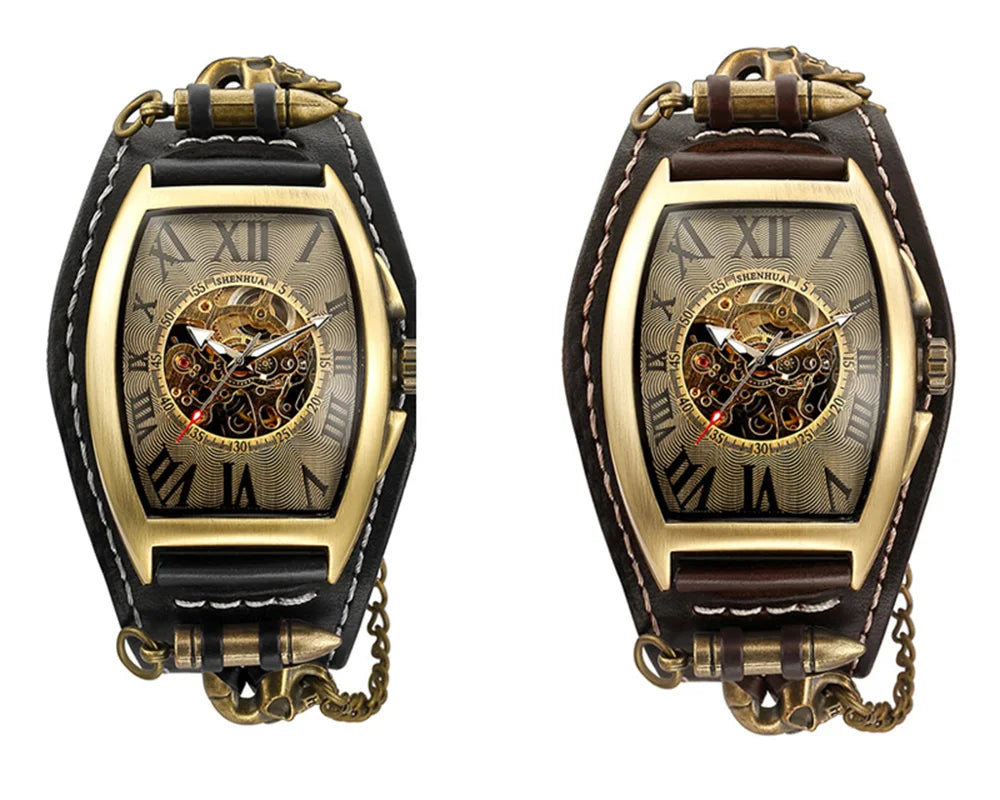 Antique Skeleton Dial Men Automatic Mechanical Watch Vintage Gothic Clock Steampunk Self Winding Watches Brown Rock Reloj Hombre