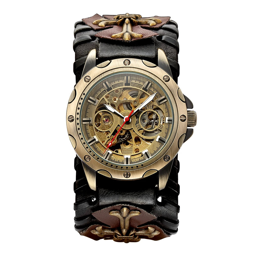 Antique Skeleton Dial Men Automatic Mechanical Watch Vintage Gothic Clock Steampunk Self Winding Watches Brown Rock Reloj Hombre