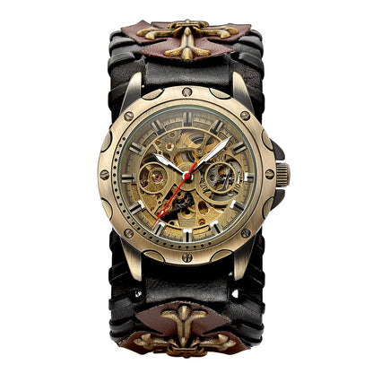 Antique Skeleton Dial Men Automatic Mechanical Watch Vintage Gothic Clock Steampunk Self Winding Watches Brown Rock Reloj Hombre