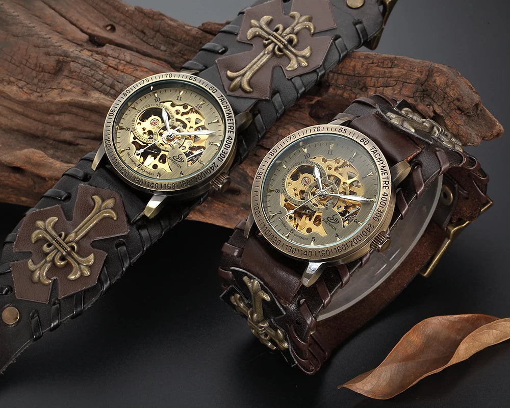 Antique Skeleton Dial Men Automatic Mechanical Watch Vintage Gothic Clock Steampunk Self Winding Watches Brown Rock Reloj Hombre