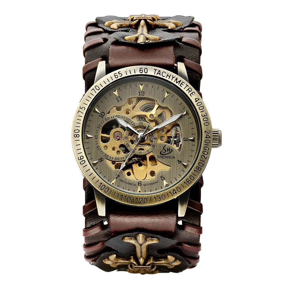 Antique Skeleton Dial Men Automatic Mechanical Watch Vintage Gothic Clock Steampunk Self Winding Watches Brown Rock Reloj Hombre