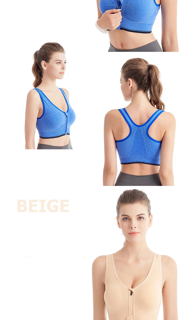 Women's Front Zip Sports Bra – Seamless Shockproof Breathable Bralette