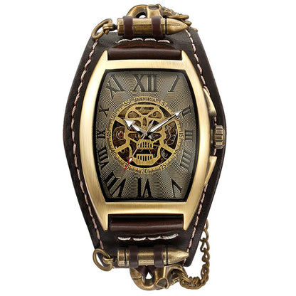 Antique Skeleton Dial Men Automatic Mechanical Watch Vintage Gothic Clock Steampunk Self Winding Watches Brown Rock Reloj Hombre