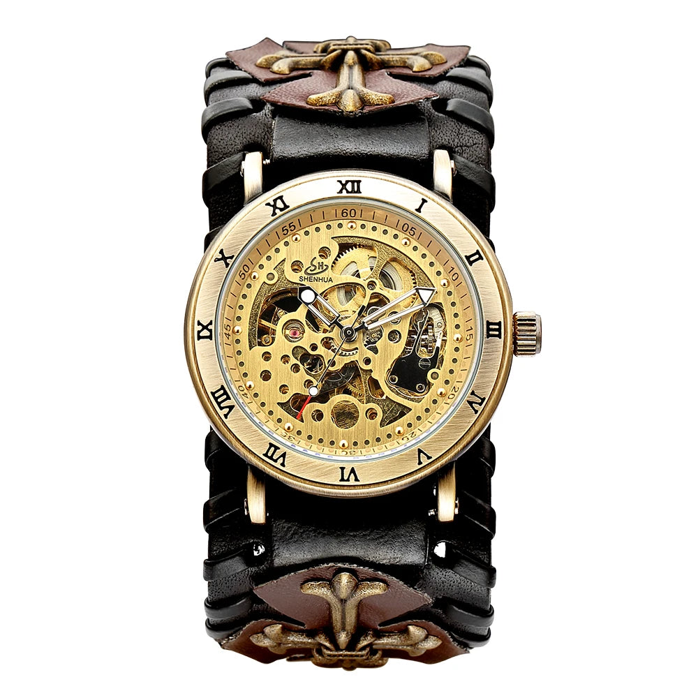Antique Skeleton Dial Men Automatic Mechanical Watch Vintage Gothic Clock Steampunk Self Winding Watches Brown Rock Reloj Hombre