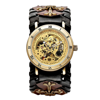 Antique Skeleton Dial Men Automatic Mechanical Watch Vintage Gothic Clock Steampunk Self Winding Watches Brown Rock Reloj Hombre