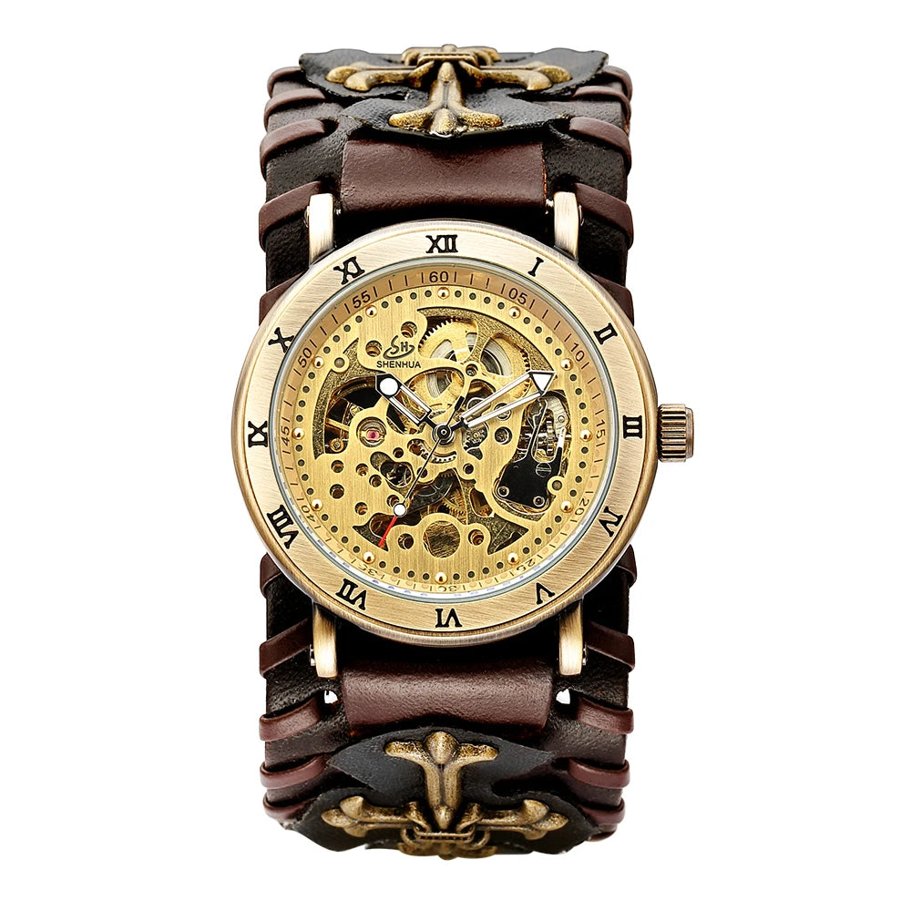 Antique Skeleton Dial Men Automatic Mechanical Watch Vintage Gothic Clock Steampunk Self Winding Watches Brown Rock Reloj Hombre