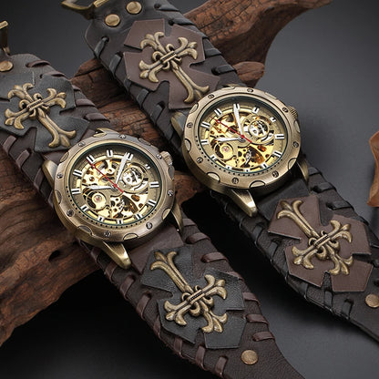 Antique Skeleton Dial Men Automatic Mechanical Watch Vintage Gothic Clock Steampunk Self Winding Watches Brown Rock Reloj Hombre
