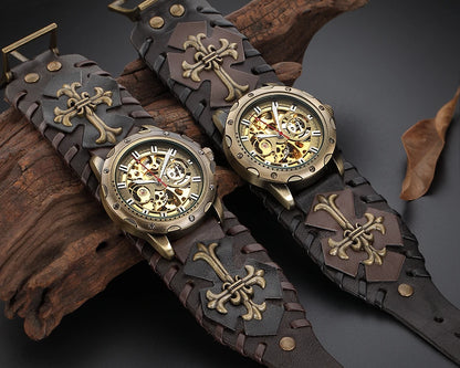 Antique Skeleton Dial Men Automatic Mechanical Watch Vintage Gothic Clock Steampunk Self Winding Watches Brown Rock Reloj Hombre