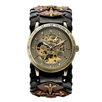 Antique Skeleton Dial Men Automatic Mechanical Watch Vintage Gothic Clock Steampunk Self Winding Watches Brown Rock Reloj Hombre