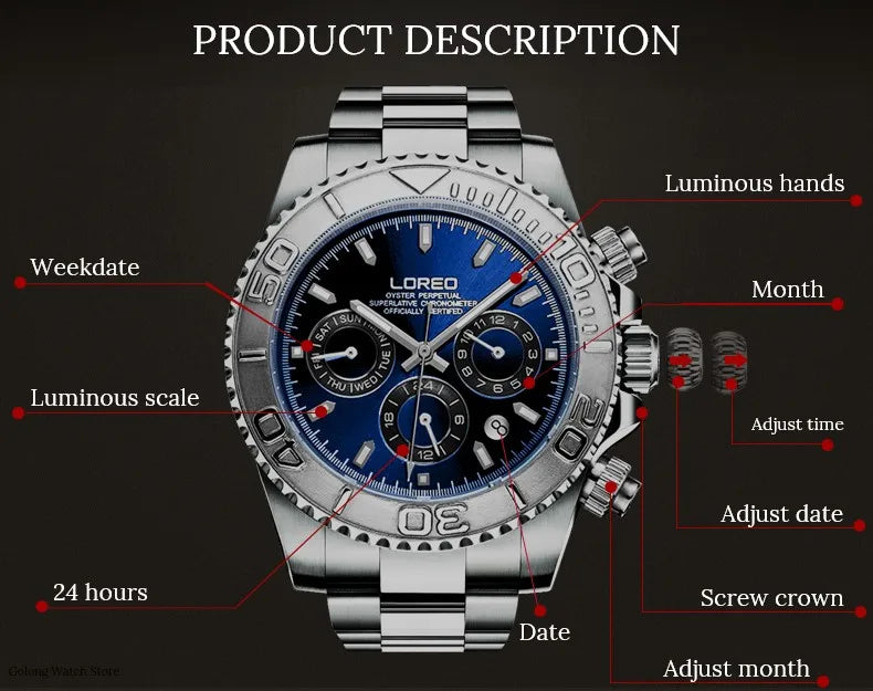 LOREO Professional Diving Watches for Man 200m Waterproof Automatic Watch Sapphire Screw Crown Date Luminous Relogio Masculino