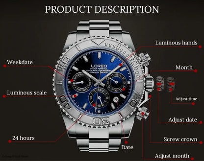 LOREO Professional Diving Watches for Man 200m Waterproof Automatic Watch Sapphire Screw Crown Date Luminous Relogio Masculino