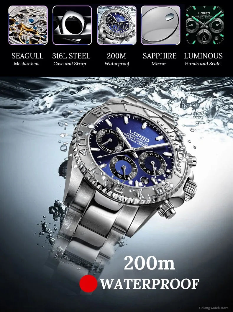 LOREO Professional Diving Watches for Man 200m Waterproof Automatic Watch Sapphire Screw Crown Date Luminous Relogio Masculino