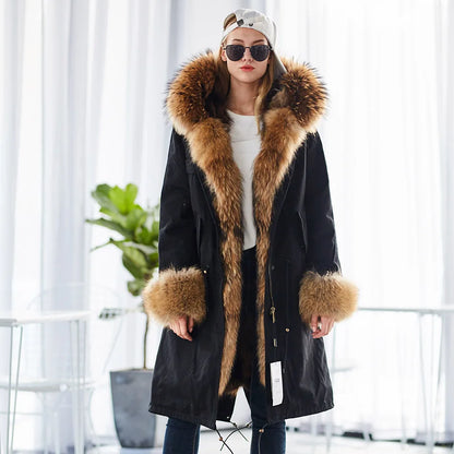 Maomaokong Winter Woman Natural Fur Overcoat Plus Size Black Parkas Raccoon Real Fur Lining Extra Larg Warm Jacket Coats Long