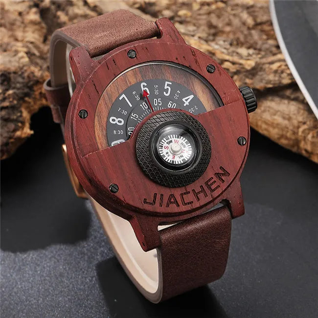 Men Wood Bamboo Watch Unique Turntable Dial  Male Military Watches Compass Quartz Watch With Leather Band