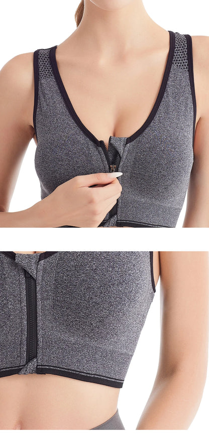 Women's Front Zip Sports Bra – Seamless Shockproof Breathable Bralette
