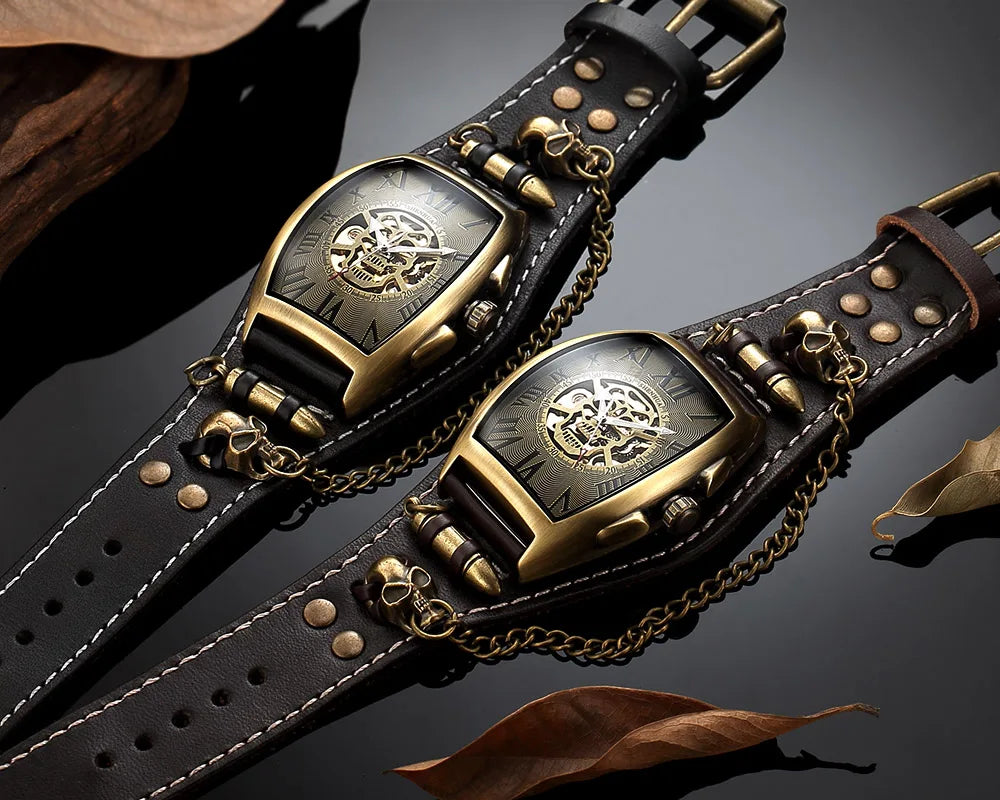 Antique Skeleton Dial Men Automatic Mechanical Watch Vintage Gothic Clock Steampunk Self Winding Watches Brown Rock Reloj Hombre