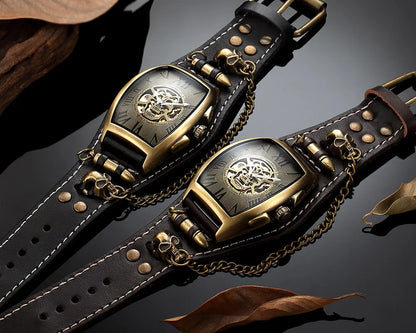 Antique Skeleton Dial Men Automatic Mechanical Watch Vintage Gothic Clock Steampunk Self Winding Watches Brown Rock Reloj Hombre